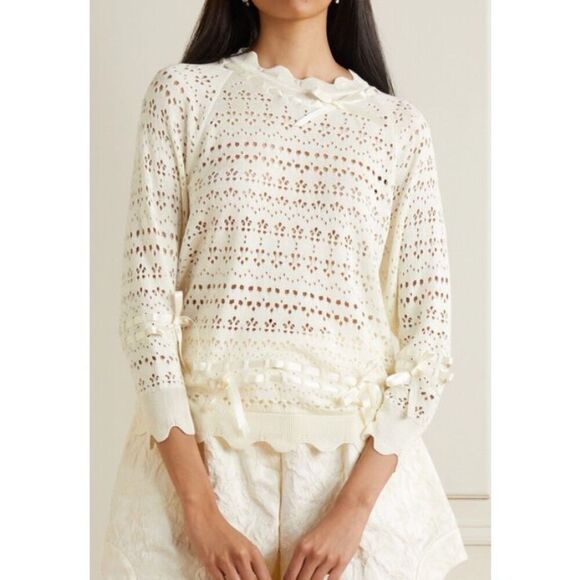 Simone Rocha Bow-detailed Scalloped Open-knit Sweater - Cream, $750 E22 - Picture 2 of 11